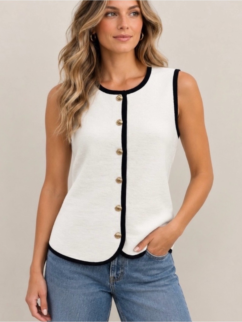 Abercrombie & Fitch Cream Mara Crew Knit Button Down Vest